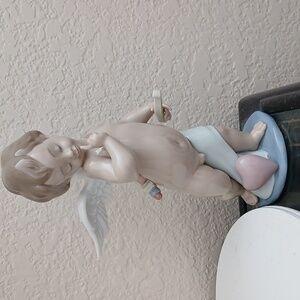 Valentines Present . Lladro Porcelain Cherub Figurine with Blue and Pink Accents